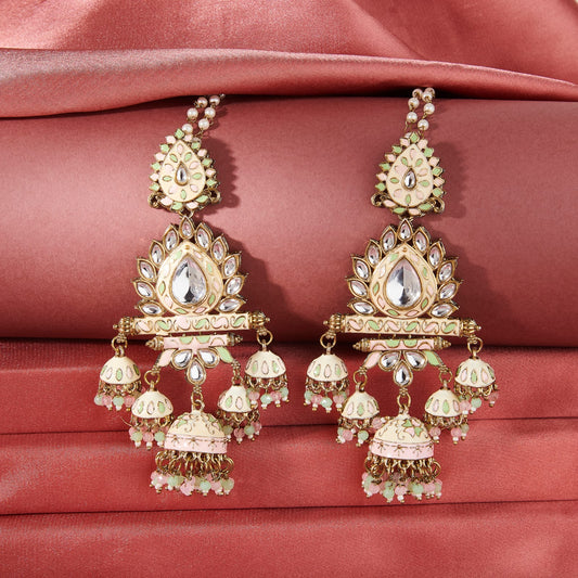 BHAVNA KUNDAN EARRINGS WITH PISTA GREEN & BABY PINK ENAMEL WORK