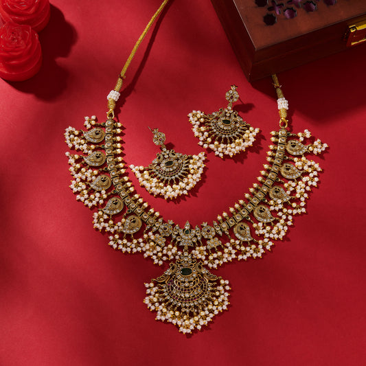 ROYAL RANI  TEMPLE JEWELLERY SET WITH RUBY PINK AND EMERALD GREEN,WHITE CUBIC ZIRCONIA & PEARL BEADS