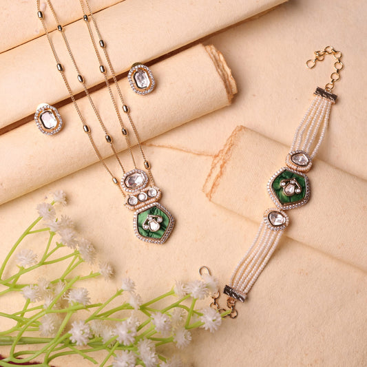 Mitali Moissanite Pendant Set with Bracelet Combo (Green)