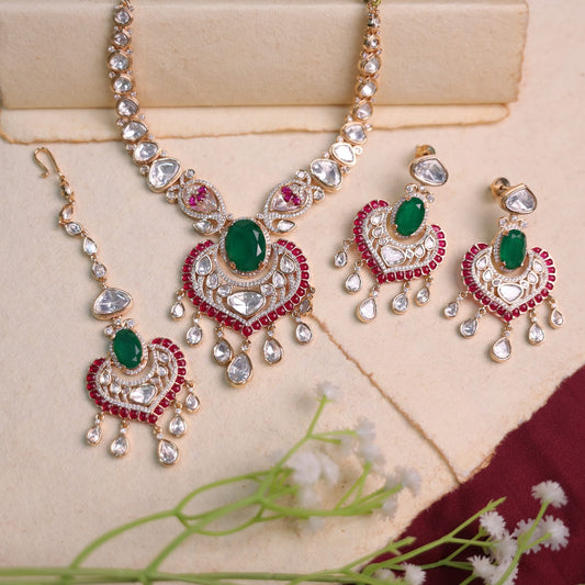 Krishna Moissanite Set with emerald green stone and red enamel