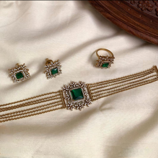 Aisha Green Emerald Choker Set with Ring