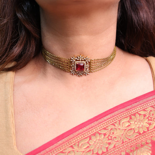 Aisha Ruby Red Choker Set with Ring