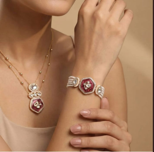 Mitali Moissanite Pendant Set Combo with Bracelet (Red)