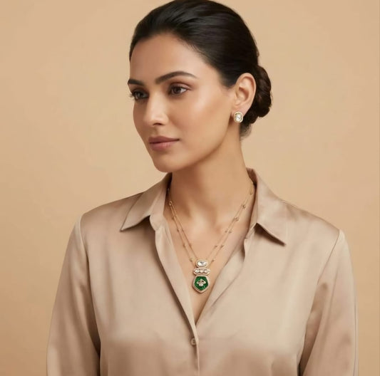 Mitali Moissanite Pendant Set with Emerald Green Stone