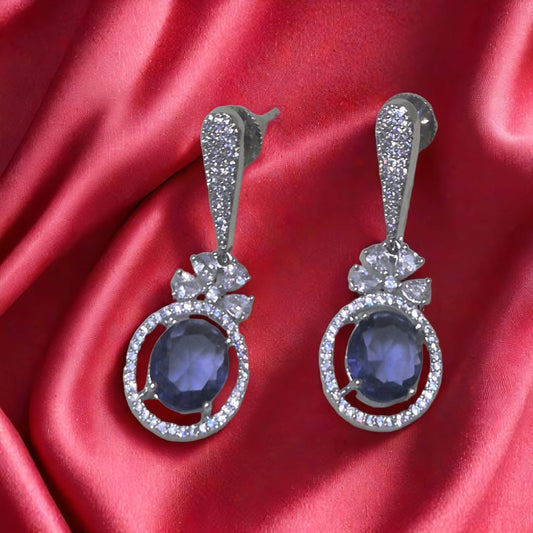 AMRITA CZ EARRINGS WITH BLUE STONE & RODIUM POLISH