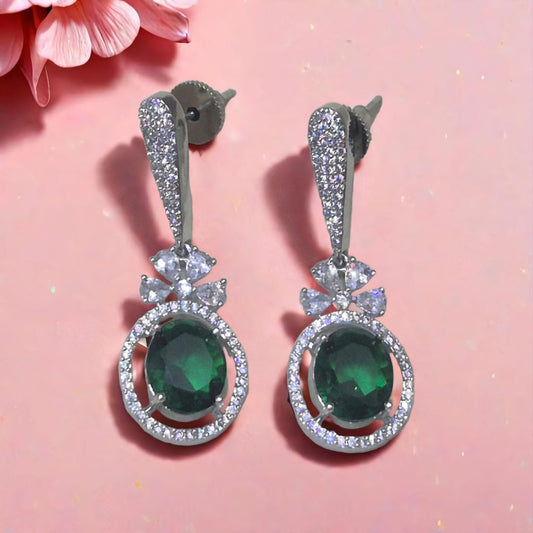 AMRITA CZ EARRING WITH GREEN STONE & RODIUM POLISH