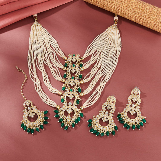 GIRISHA DESIGNER KUNDAN SET WITH PEARLS AND GREEN BEADS