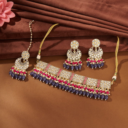 JIA KUNDAN & MEENAKARI CHOKER SET WITH PURPLE BEADS
