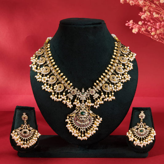 ROYAL RANI  TEMPLE JEWELLERY SET WITH RUBY PINK AND EMERALD GREEN,WHITE CUBIC ZIRCONIA & PEARL BEADS