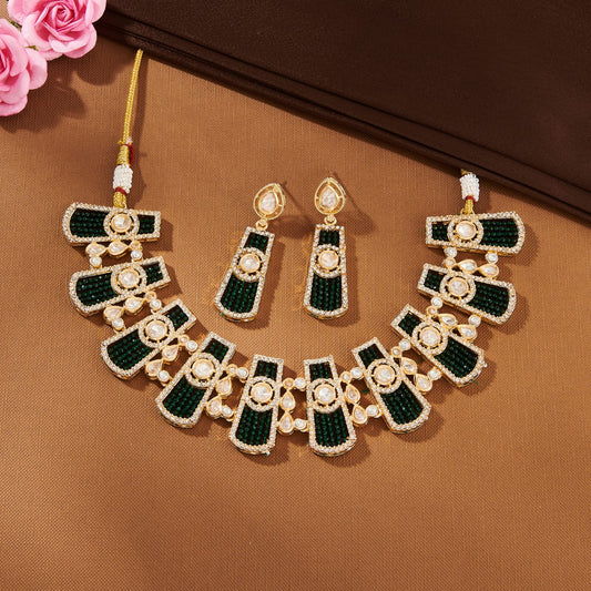 HEER KUNDAN SET WITH EMERALD GREEN PEARLS & Z STONE