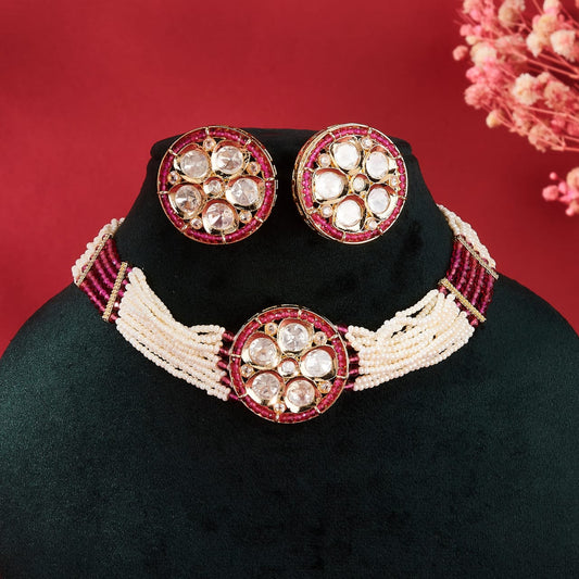 BEENA KUNDAN CHOKER  SET WITH RED AND WHITE PEARLS