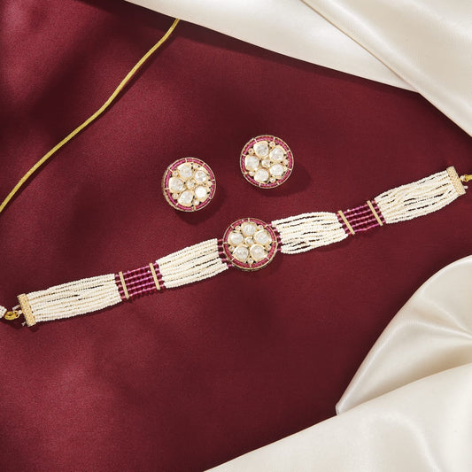 BEENA KUNDAN CHOKER  SET WITH RED AND WHITE PEARLS