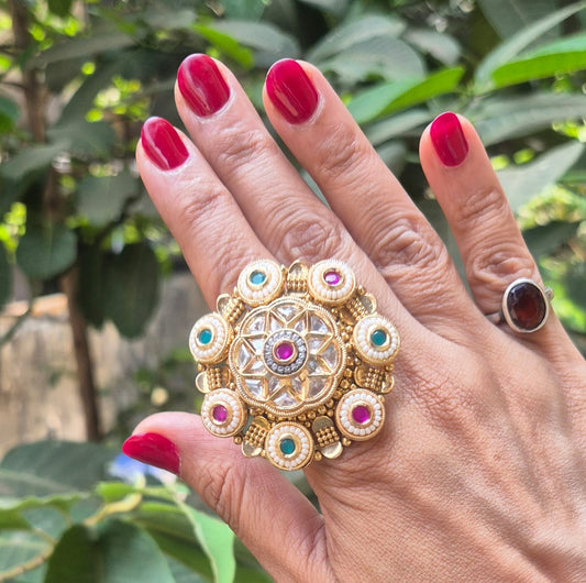 BLOOMING FLOWER GOLDEN RING WITH GREEN AND PINK STONES