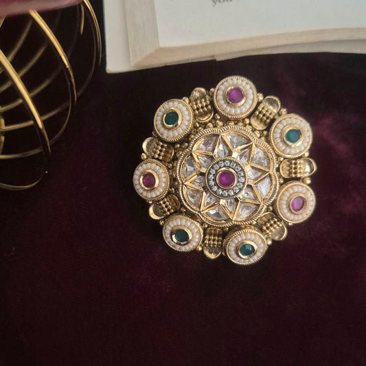 BLOOMING FLOWER GOLDEN RING WITH GREEN AND PINK STONES