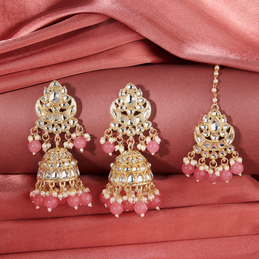 SNEHA KUNDAN EARRING & MANG TIKA WITH BABY PINK PEARLS