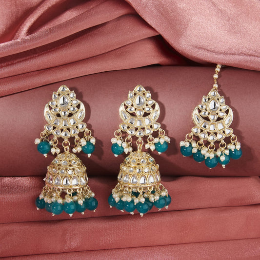 SNEHA KUNDAN EARRINGS & MANG TIKA WITH MINT GREEN PEARLS