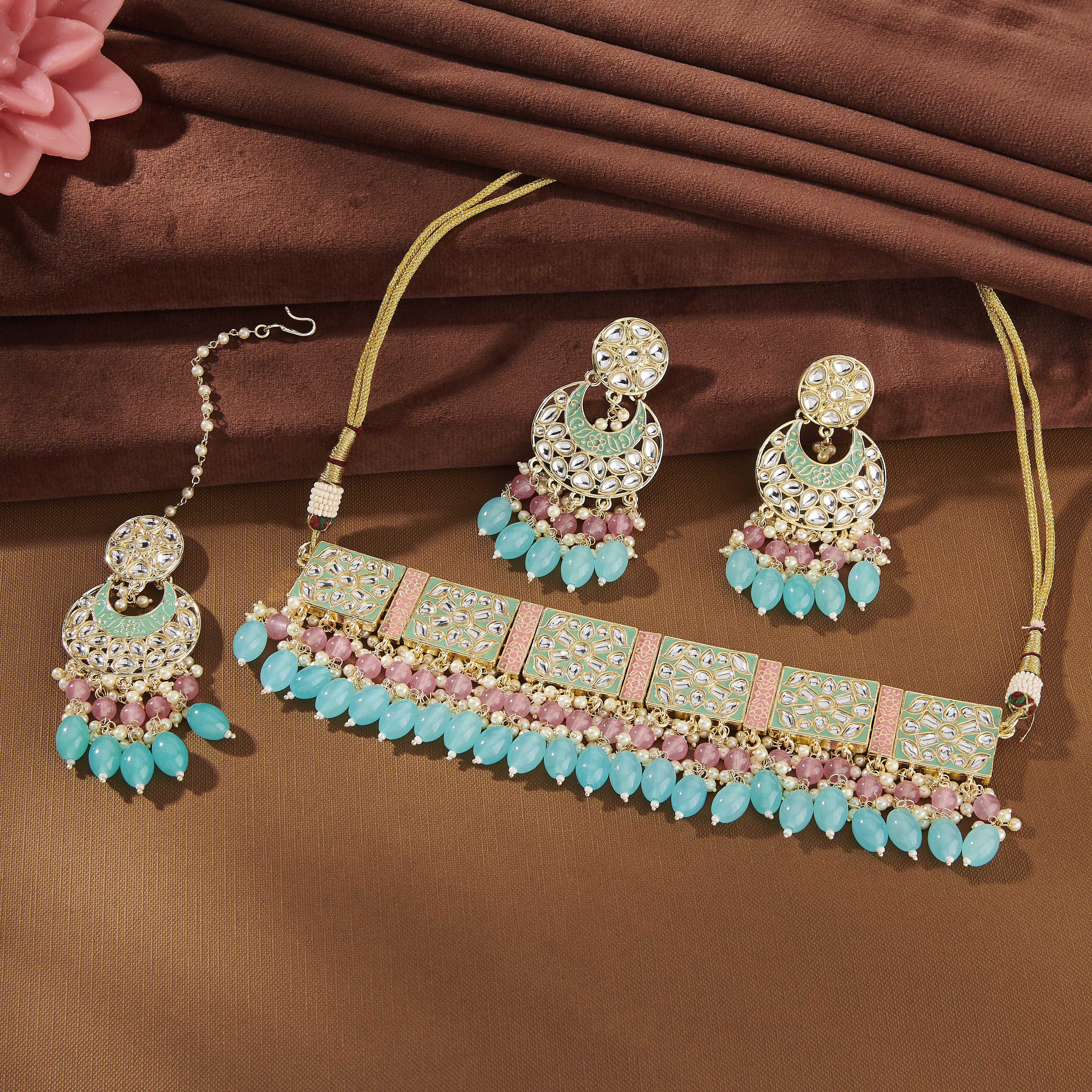 JIA KUNDAN & MEENAKARI CHOKER SET WITH TURQUOISE BEADS