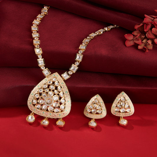 EXQUISITE MOISSANITE POLKI NECKLACE SET WIT HANDCRAFTED MEENAKARI DETAILING