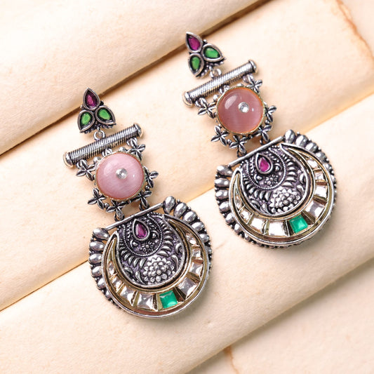 Chand Fusion Earrings with Pink Stone