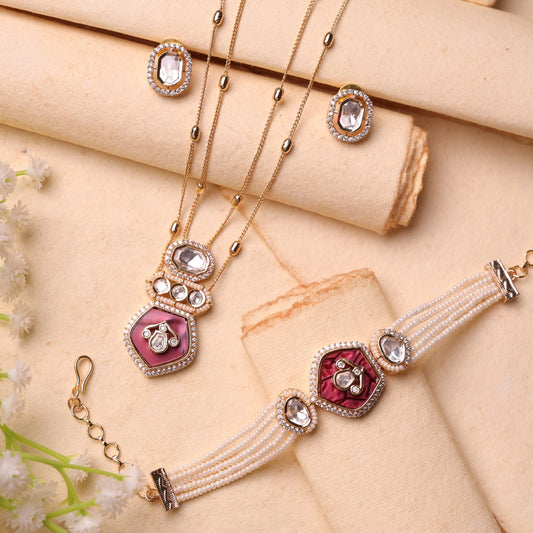 Mitali Moissanite Pendant Set Combo with Bracelet (Red)