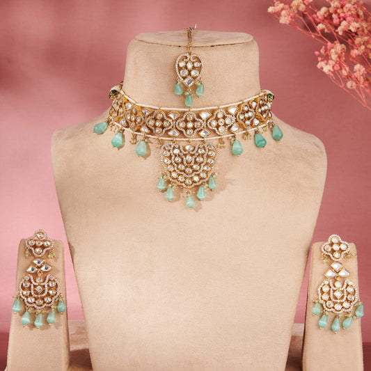 MOISSANITE PARI POLKI SET WITH MINT GREEN DROPS