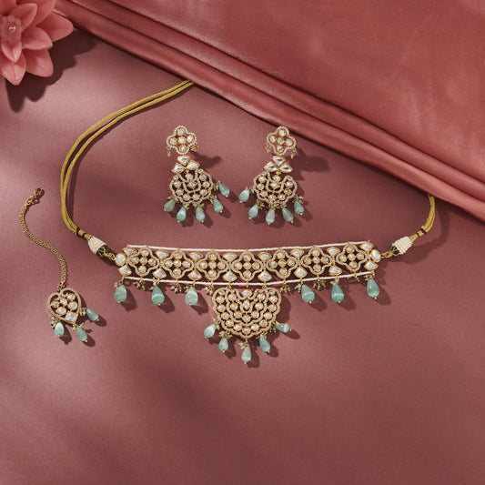 MOISSANITE PARI POLKI SET WITH MINT GREEN DROPS