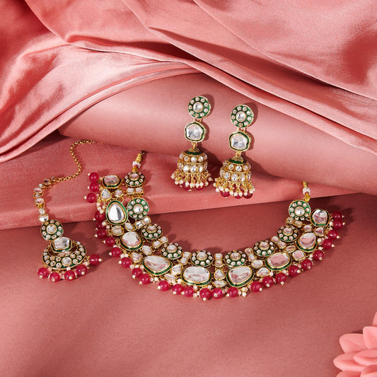VRIDHI KUNDAN SET WITH GREEN ENAMEL & RNI PINK BEADS