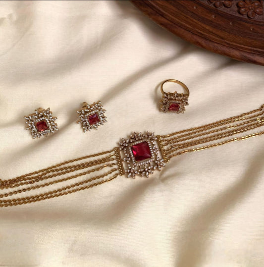 Aisha Ruby Red Choker Set with Ring