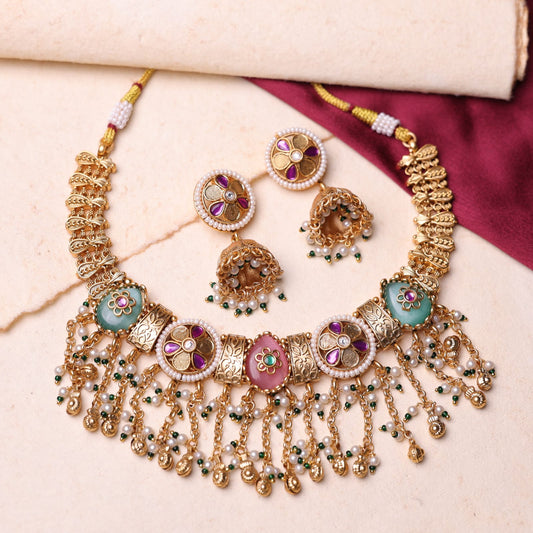 Mossami rajwadi set with Baby pink and Mint colour Stones
