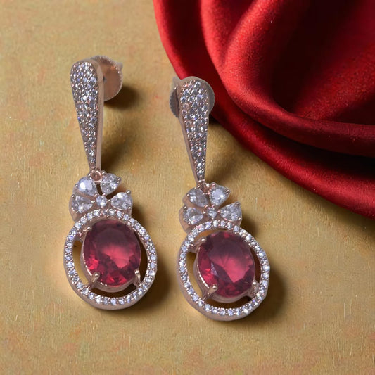 AMRITA CZ EARRING WITH RED STONE & ROSE GOLD POLISH