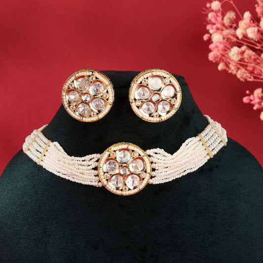 BEENA KUNDAN CHOKER SET WITH WHITE BEADS AND WHITE PEARLS
