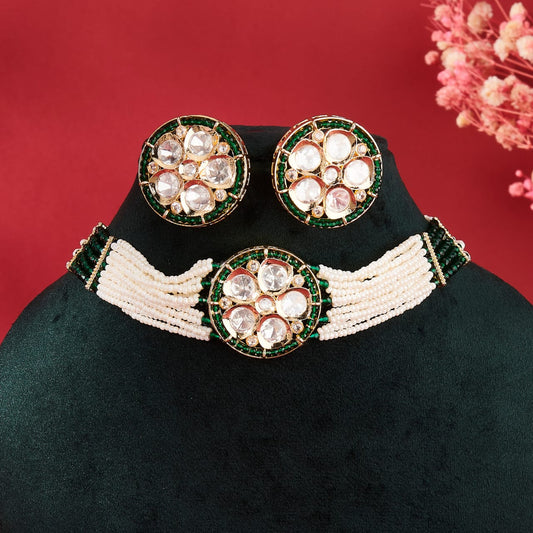BEENA KUNDAN CHOKER SET WITH GREEN & WHITE PEARLS