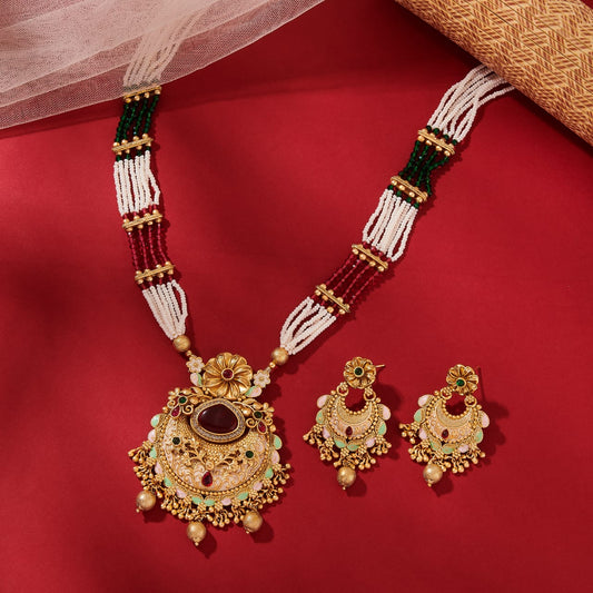 LONG SWATI RAJWADI SET WITH RED, GREEN AND WHITE PEARLS