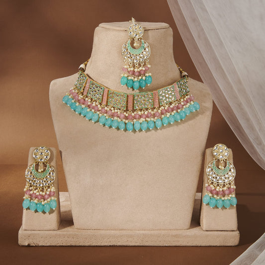 JIA KUNDAN & MEENAKARI CHOKER SET WITH TURQUOISE BEADS