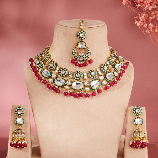 VRIDHI KUNDAN SET WITH GREEN ENAMEL & RNI PINK BEADS