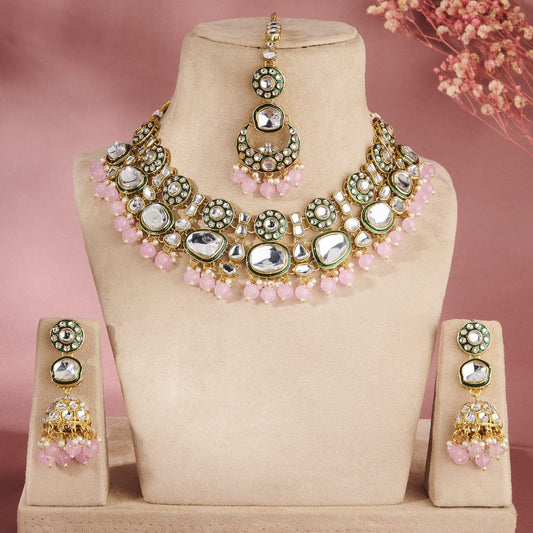 VRIDHI KUNDAN SET WITH GREEN ENAMEL & BABY PINK BEADS
