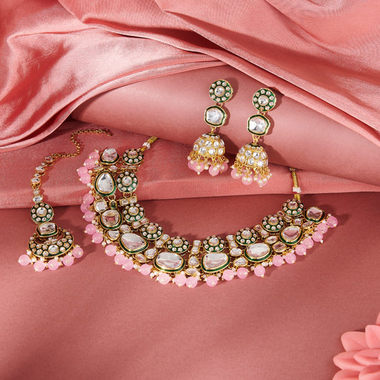 VRIDHI KUNDAN SET WITH GREEN ENAMEL & BABY PINK BEADS