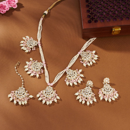 NISHA KUNDAN SET WITH BABY PINK BEAD & PEARLS