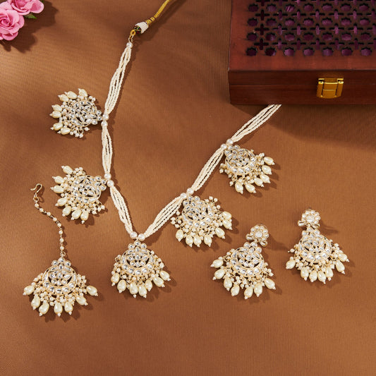 NISHA KUNDAN SET WITH WHITE BEADS & WHITE PEARLS