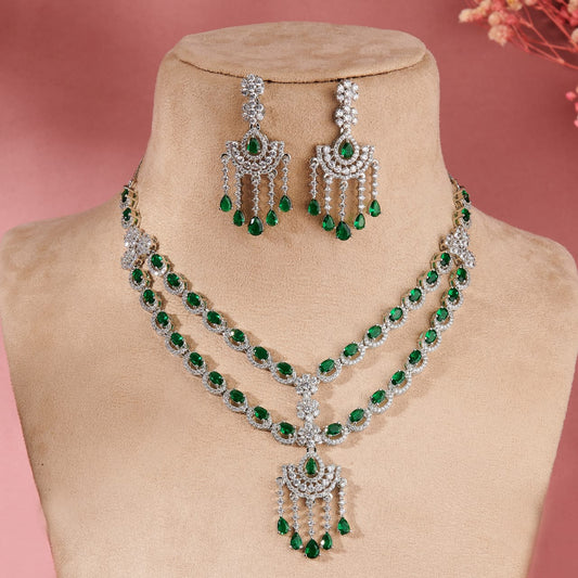 KRISHA NECKLACE SET WITH EMERALD GREEN STONE AND AMERICAN DIAMOND