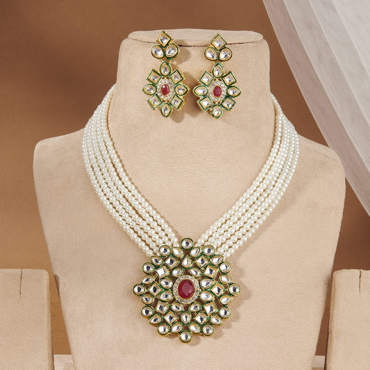 MAJESTIC KUNDAN & PEARL BRIDAL NECKLACE SET WITH RUBY ACCENT