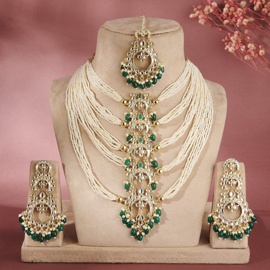 GIRISHA DESIGNER KUNDAN SET WITH PEARLS AND GREEN BEADS