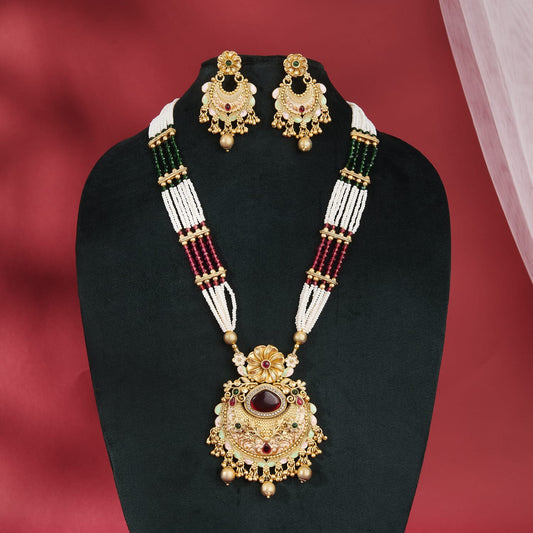 LONG SWATI RAJWADI SET WITH RED, GREEN AND WHITE PEARLS