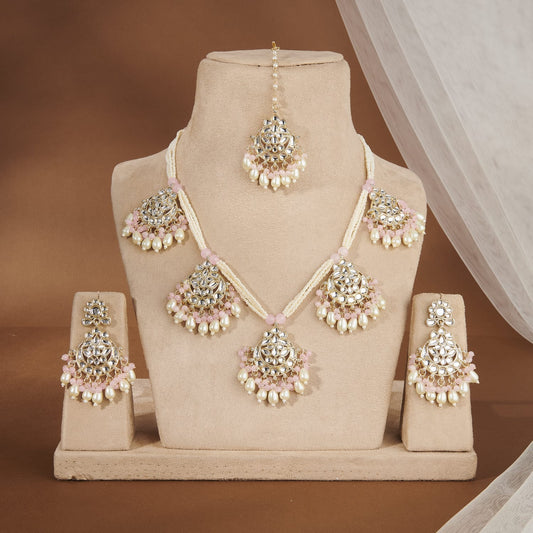 NISHA KUNDAN SET WITH BABY PINK BEAD & PEARLS