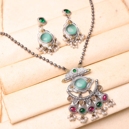 Jhanki German  Silver Fusion Set with tuquise blue stone