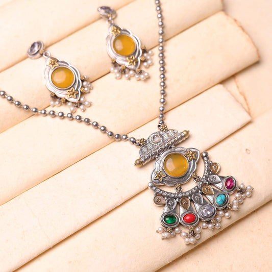 Jhanki German Silver Fusion Set with Yellow Stone