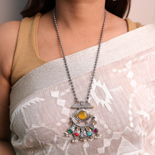 Jhanki German Silver Fusion Set with Yellow Stone