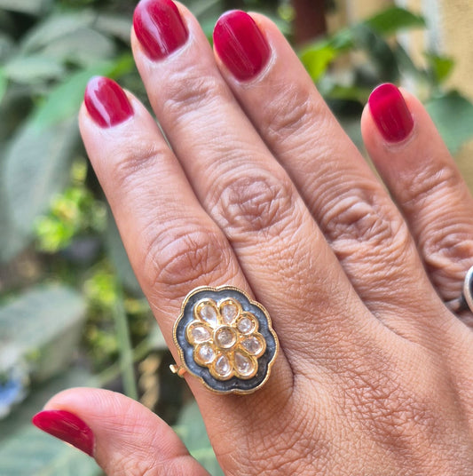 RIA KUNDAN RING WITH GREY ENAMEL