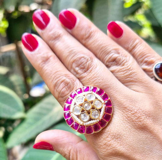 NEETU MOISSANITE RING WITH RANI PINK ENAMEL